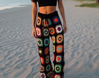 Granny Square Pants, Crochet Pants, Patchwork Pants, Knitted Women Trouser, Crochet Trouser, Handmade Pants, Black Crochet Pants