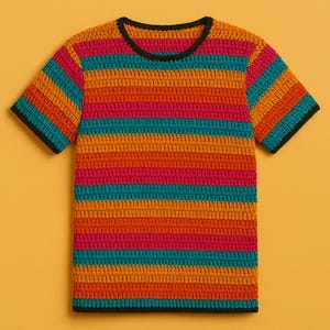 Vibrant Striped Crochet Tee for Summer, Handcrafted Multicolor Crochet T-Shirt, Boho-Style Handmade Crochet Top, Colorful Summer Shirt