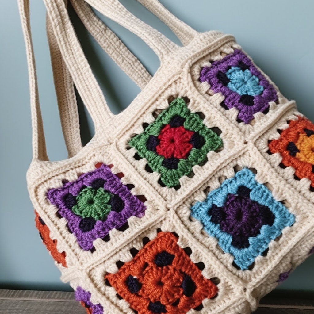 Granny Square Tote Bag, Crochet Tote Bag, Colorful Granny