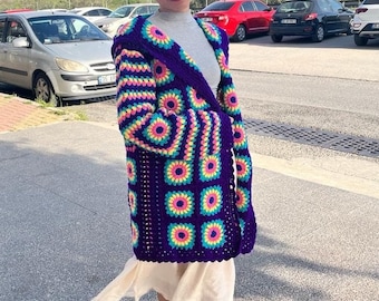 Handcrafted Crochet Cardigan, Granny Square Cardigan, Multicolor Women's Sweater, Bohemian Style, Unique Gift, Crochet Cardigan