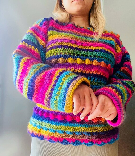 Festive Rainbow Sweater Crochet Multicolor Blouse Handknit - Etsy UK