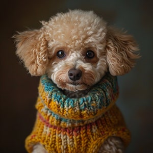 Puede incluir: Un pequeño caniche marrón claro con un suéter de punto amarillo, azul y rojo.