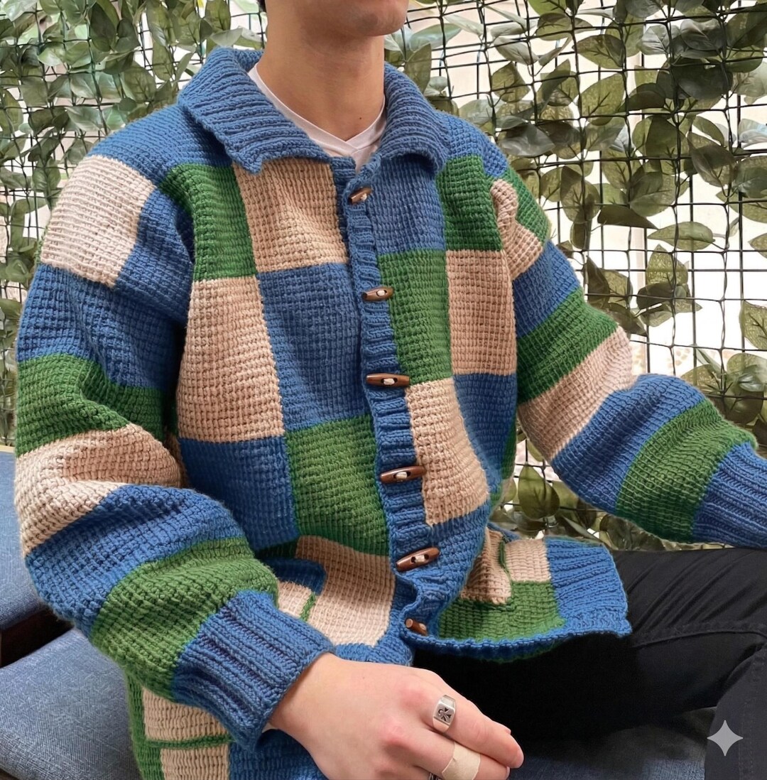 Handknit Cotton Granny Square Cardigan: Red & Mustard Patchwork