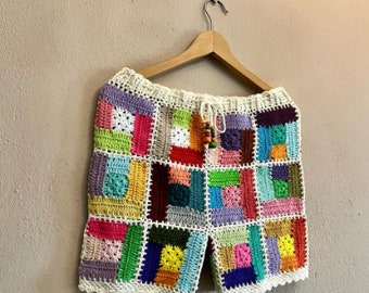 Handcrafted Crochet Shorts, Unisex Colorful Granny Square Shorts, Boho Style Festival Wear, Unique Gift Idea, Customizable Shorts