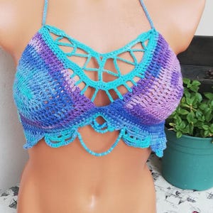 Boho Crochet Bikini Top in Ocean Blue & Purple | Handmade Festival Halter Top | Adjustable Summer Swimwear | Beachwear Bralette