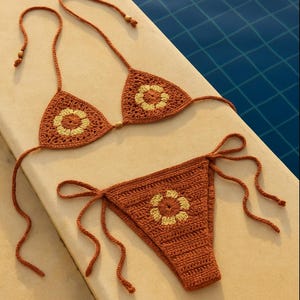 Häkeln Sie Blumenmuster-Bikini-Set, Baumwoll-Bikini-Set, Sommer-Essants, Boho-Bikini-Set, handgemachtes Bikini-Set