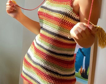 Crochet Halter Dress: Knitted Rainbow Dress, Handmade