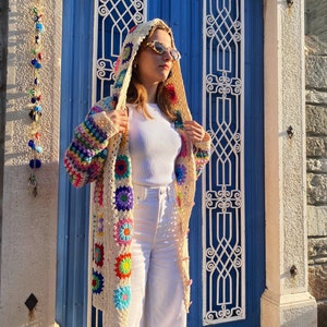 Colorful Crochet Cardigan  | Knitted Cardigan with Square Motifs | Granny Square Cardigan | Patchwork Cardigan | Handmade Cardigan