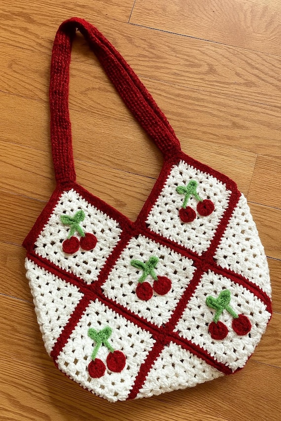 Handmade Crochet Cherry Tote Bag, Granny Square Shoulder Bag - Main Image