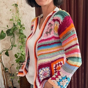 Crochet Sweater Cardigan, Colorful Boho Jacket, Granny Square Handknit Cardigan, Boho Handknit Vest, Rainbow Crochet Sweater