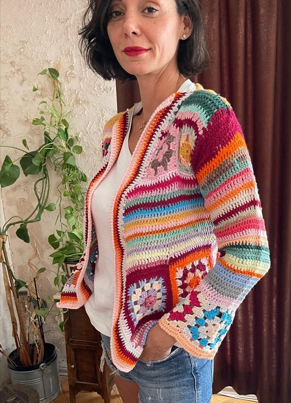 Cardigan Color Block A Righe Boho: Il Maglioncino Morbido E Caldo Per La Mezza Stagione, In Rosa Arcobaleno (taglia M). - 3