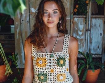 Crochet Top, Handmade Granny Square Tank, Boho Chic Summer Top, Women&#39;s Fashion, Granny Square Top, Crochet Crop Top, Summer Top
