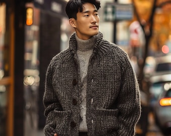 Cardigan en grosse maille fabriqué à la main, cardigan en laine confortable pour hommes, vêtements d'extérieur d'hiver artisanaux, pièce de mode durable, cadeau unique pour lui