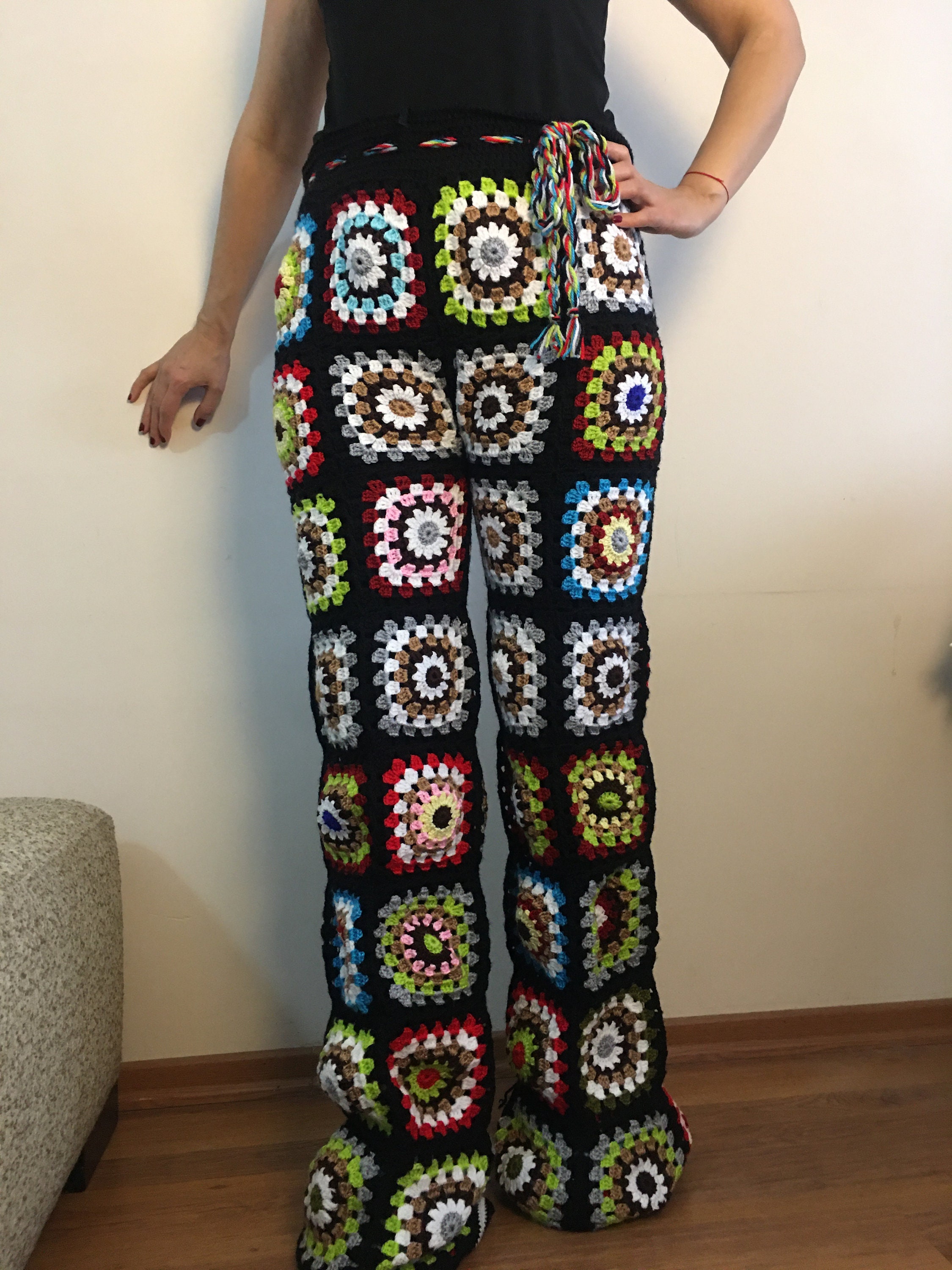 Granny Square Crochet Pants: Handmade Patchwork Knit Trousers