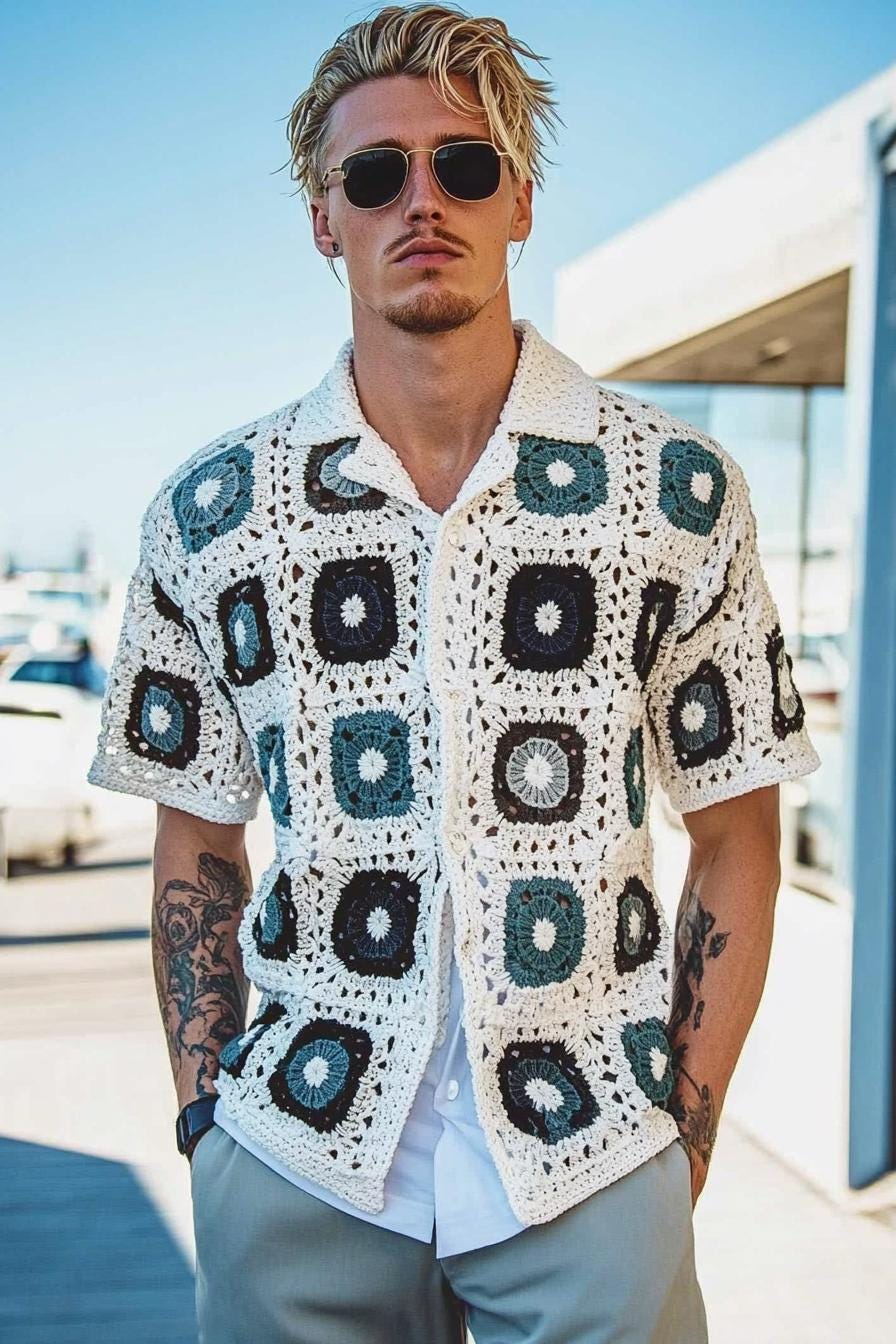 Handmade Cotton Crochet Granny Square Shirt - Men's Patchwork Knit