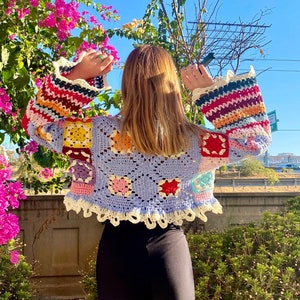 Crochet Summer Cardigan Colorful Bohemian Crochet Sweater Granny Square Flare Sleeve Top Rainbow Crochet Sweater Crochet Cardigan image 6