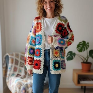 Hand Crocheted Granny Square Sweater: Colorful Patchwork Knit Jacket
