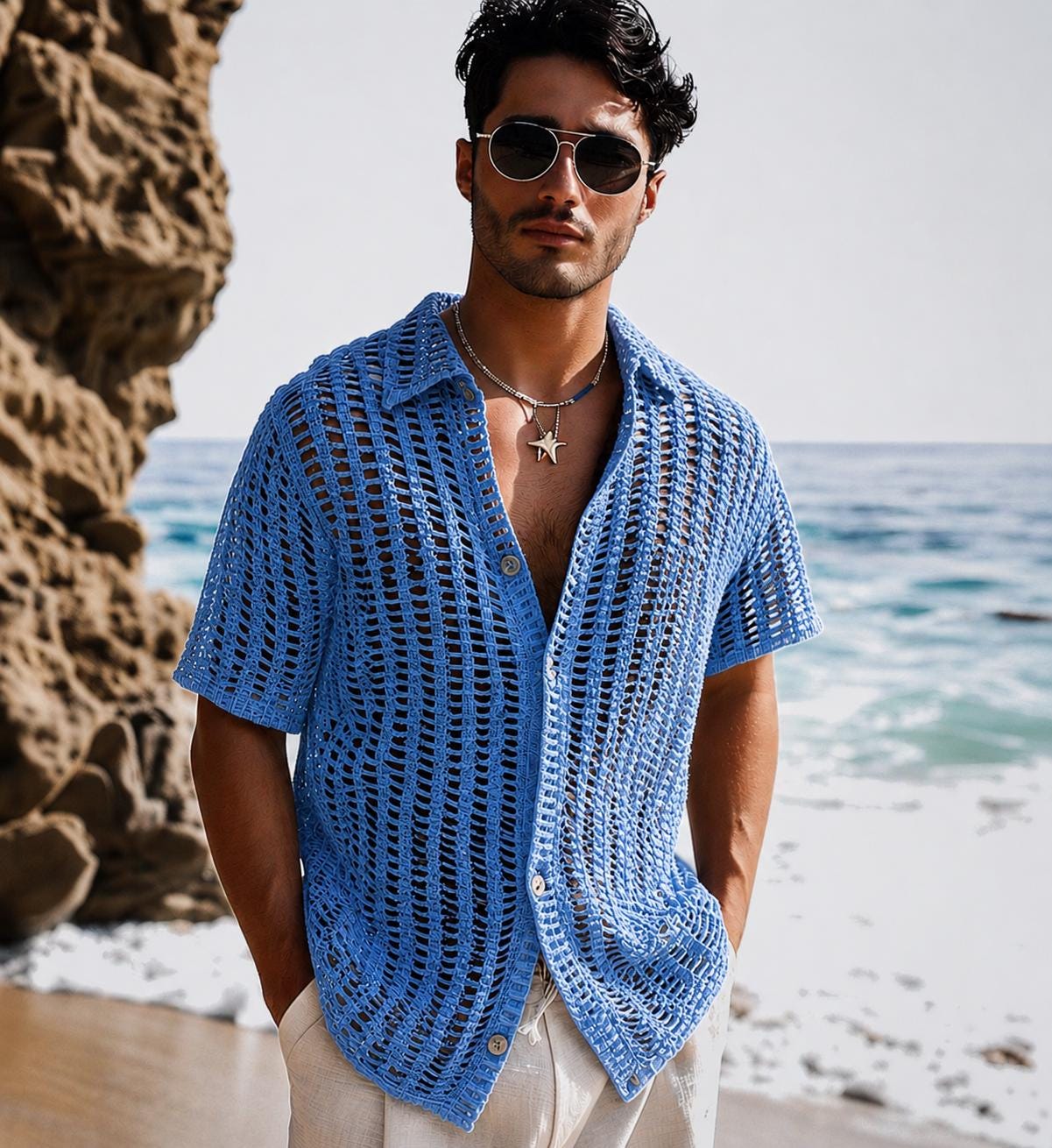 トップス 8ON8 23SS BLUE KNITTED BEACH SHIRT Summer Crochet Shirt: Men's Handmade Open Knit Boho Top - Etsy New