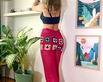 Gehäkelte Unisex Hose | Bunte gestrickte Hose | Gestrickte Rave Leggings | Retro Hose | Harry Styles Hose