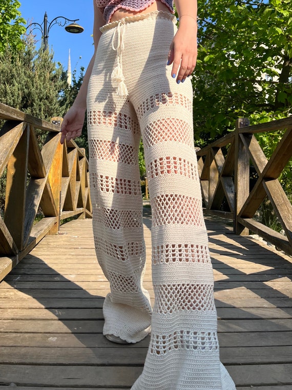 Beige Crochet Trousers Knitted Pants Handknitted Unisex Pants Knitted  Trousers Crochet Pants Boho Crochet Pants Bachelorette 