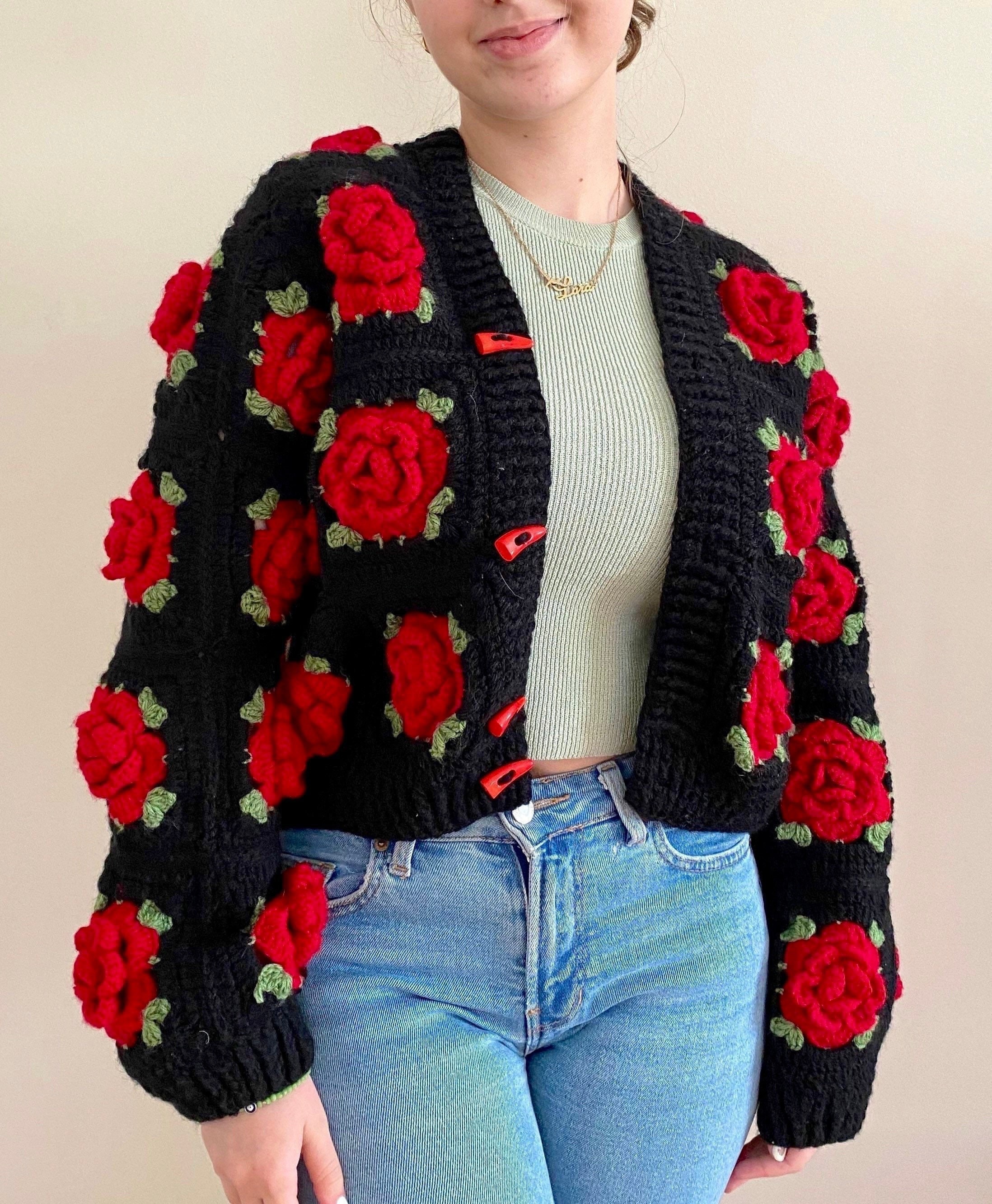 Crochet Rose Cardigan: Black & Red Patchwork Cotton Sweater - Etsy