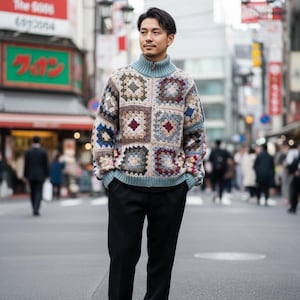 May include: A person wearing a patchwork crochet sweater with a high, light blue collar and black trousers. The sweater features square patterns in various colours, including blue, brown, and cream. The background shows a city street.