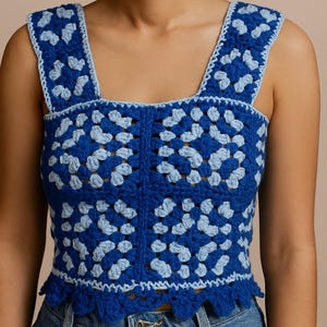 Blue Two-Tone Crochet Crop Top – Handmade Boho Summer Top – Blusa Top Granny  Square– Festival Wear – Stylish Bohemian Clothing-Beach Style