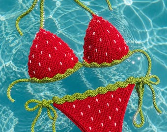 Conjunto de bikini de fresas hecho a crochet, bikini de frutas rojo y verde, traje de baño de verano