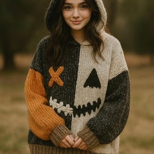May include: A hooded sweater featuring a jack-o'-lantern design. The sweater is mainly black, orange, and beige, with a face design on the front. The hood is split, with one side black and the other beige. The sleeves are orange and black.
