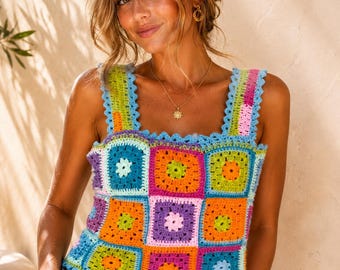Top de tirantes cuadrado de ganchillo estilo abuela, blusa de verano bohemia chic.