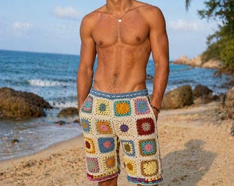 Pantaloncini patchwork all'uncinetto fatti a mano, pantaloncini a maglia con motivo a quadrati della nonna