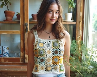 Granny Square Crochet Top, Handmade Colorful Crop Top, Boho Chic Women&#39;s Summer Top, Artisan Crafted Fiber Art, Granny Square Top