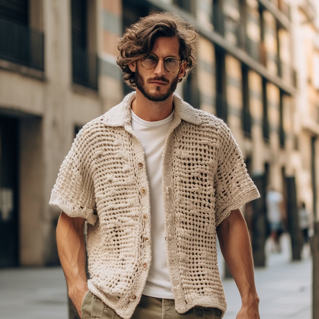 【JEMUT】★男女兼用★ 25SS CROCHET SHORT KNIT SHIRT GUESS Men's Geo Crochet Short Sleeve Knit Shirt, Jet Black