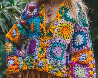 May include: A colorful crocheted cardigan with a button closure. The cardigan is made of a variety of different colored yarn, including pink, purple, blue, green, yellow, and orange. The cardigan has a unique design with different sized squares and circles.