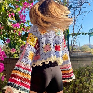 Crochet Summer Cardigan Colorful Bohemian Crochet Sweater Granny Square Flare Sleeve Top Rainbow Crochet Sweater Crochet Cardigan image 4