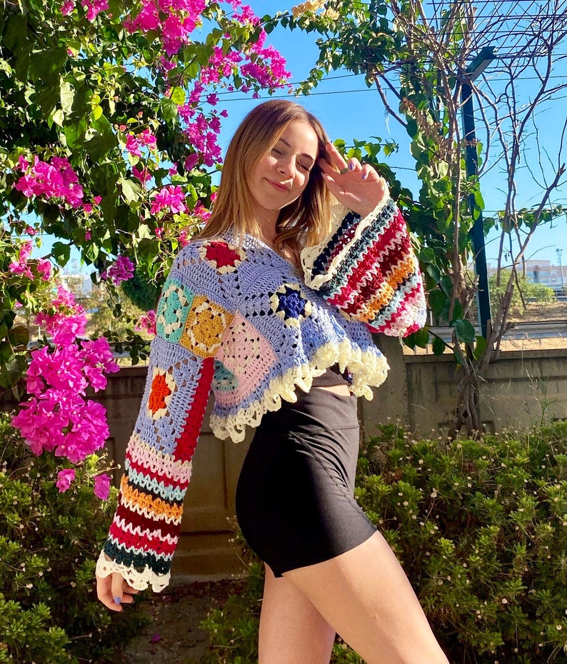 Crochet Summer Cardigan Colorful Bohemian Crochet Sweater Granny Square Flare Sleeve Top Rainbow Crochet Sweater Crochet Cardigan image 3