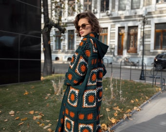 Boho Granny Square Cardigan, Handcrafted Colorful Sweater, Chic Green and Orange Crochet Jacket, Women's Warm Wear, Customizable