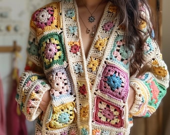 Handmade Granny Square Crochet Cardigan: Pastel Patchwork Cotton