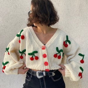 3D Cherry Cardigan Crochet Crop Cardigan White Cherry Sweater Boho Cardigan Gift For Her Cozy Crop Cardigan Knitted Cardigan image 1