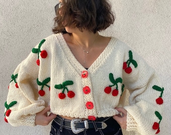 3D Cherry Cardigan | Crochet Crop Cardigan | White Cherry Sweater | Boho Cardigan | Gift For Her | Cozy Crop Cardigan | Knitted Cardigan