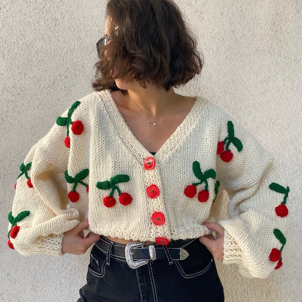 3D Cherry Cardigan | Crochet Crop Cardigan | White Cherry Sweater | Boho Cardigan | Gift For Her | Cozy Crop Cardigan | Knitted Cardigan