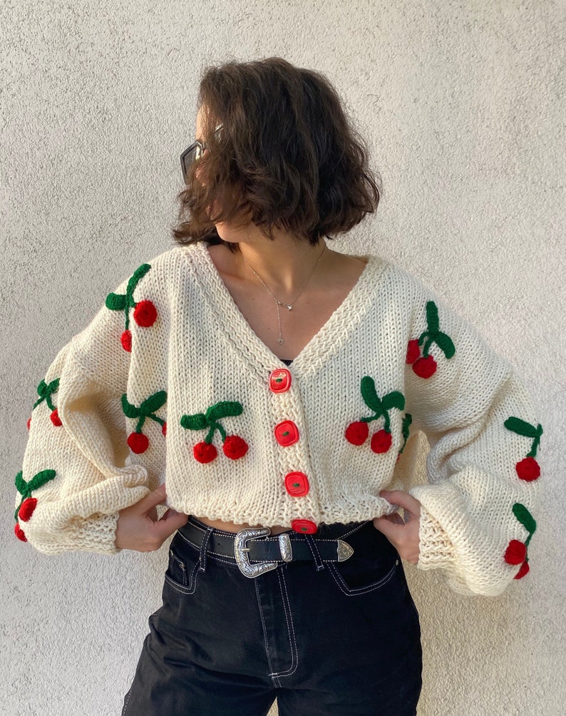 3D Cherry Cardigan Crochet Crop Cardigan White Cherry Sweater Boho Cardigan Gift For Her Cozy Crop Cardigan Knitted Cardigan image 1