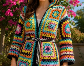 Cárdigan con capucha de ganchillo hecho a mano estilo Grandma Square - Abrigo bohemio de punto