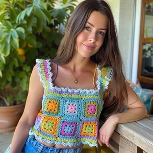 Crocheted Granny Square Top, Boho Chic Women&#39;s Tank, Multicolor Handcrafted Blouse, Unique Summer Fashion, Artisanal Clothing Piece
