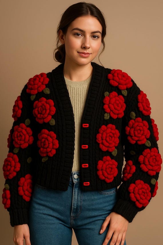 トップス leinwande Flower Knitted Cardigan red New Red Twist flower Knitted Sweater Cardigan O-Neck Single