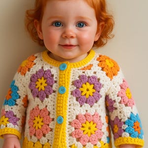 以下が含まれることがあります： 花柄のデザインが施された、カラフルな赤ちゃん用かぎ針編みカーディガン。セーターは、黄色、オレンジ、ピンク、紫、青の色合いの大きな花型のパッチが付いた白いベースが特徴です。黄色のトリムと青いボタンが付いています。