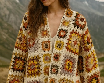 Handmade Earth Tone Granny Square Crochet Cardigan, Organic Yarn