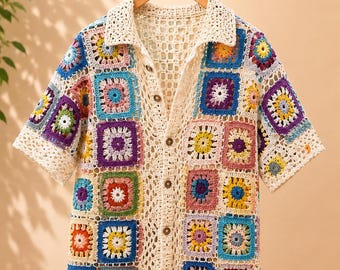 Camisa quadrada de crochê feita à mão: Cardigan Boho masculino