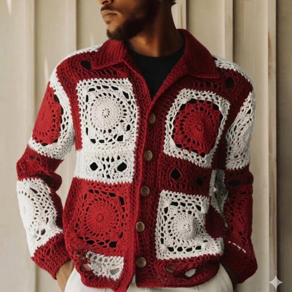Crochet Granny Square Cardigan: Handmade Boho Shirt for Men