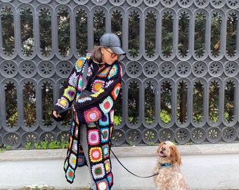 Black Granny Square Cardigan | Patchwork Cardigan | Handknit Boho Cardigan | Crochet Cardigan | Patchwork Jacket | Knit Gifts